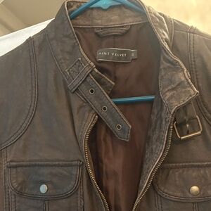 Mint Velvet Women's Brown Leather Biker Jacket HTF size 10  fits more like EU6